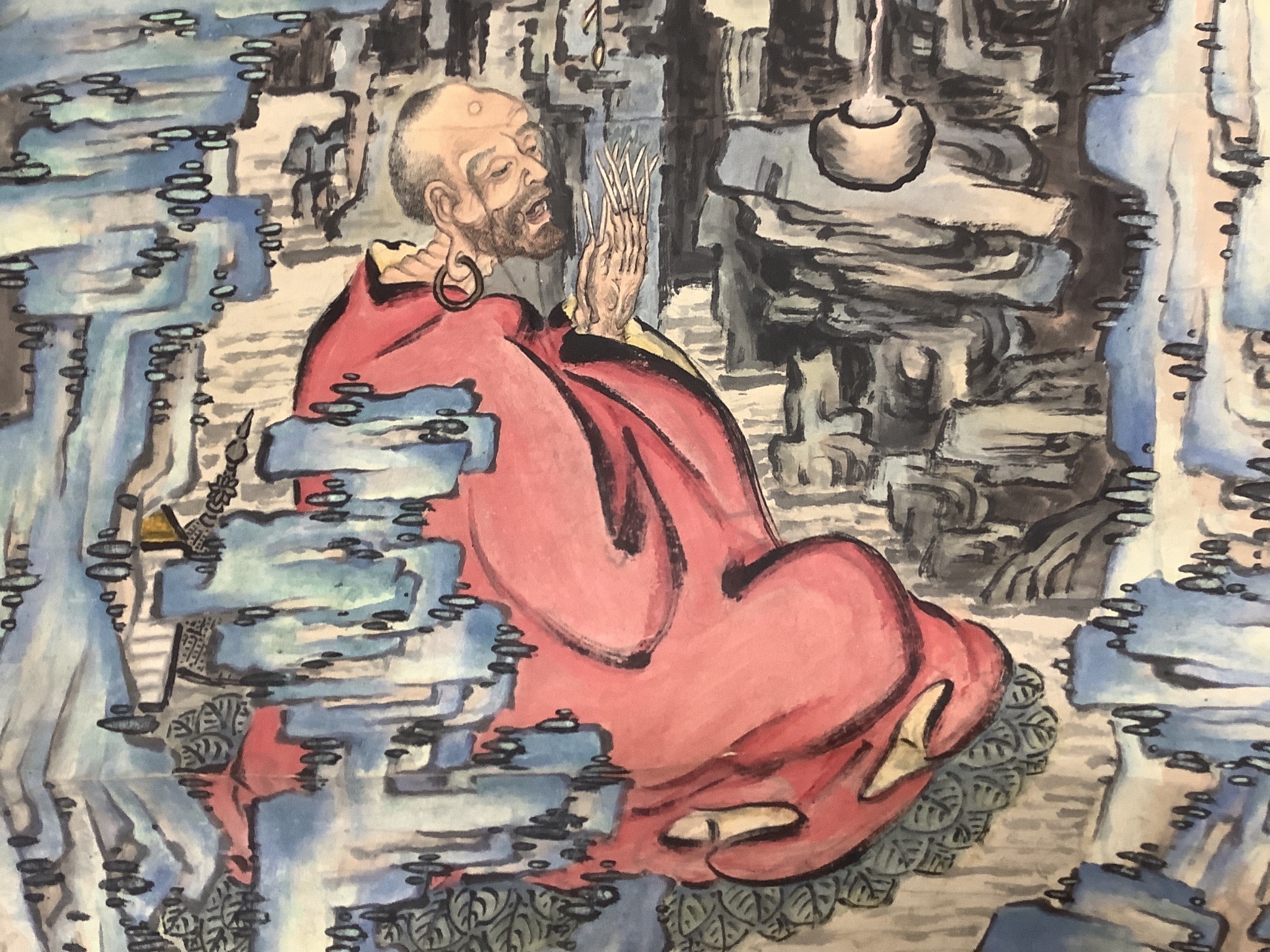 Two Chinese scroll paintings on paper, 20th century, depicting a Luohan in a cave and a scholar amid prunus Images 103 cm X 47 cm and 132 cm X 32.5 cm